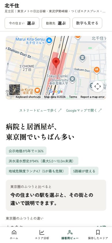 スマホで街の特徴をお客様と確認する従来の接客用ビューの画面例